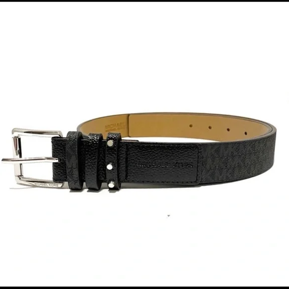 MICHAEL KORS BELT BLACK WITH PRINTED MK LOGO TRIPLE BELT LOOP W/ STUDS BLK - Picture 2 of 13